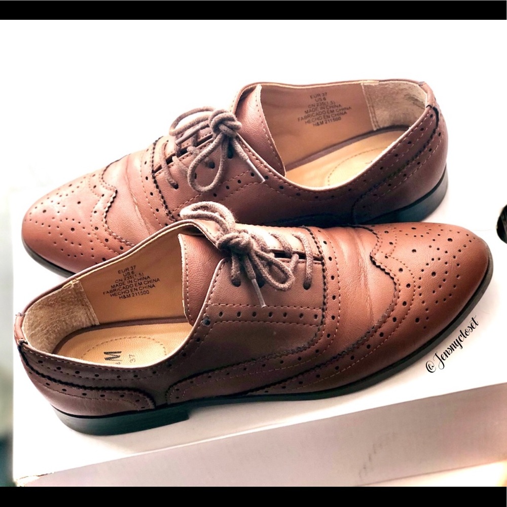 H&M Faux Leather Wingtip Oxford Brown Shoes Size 6